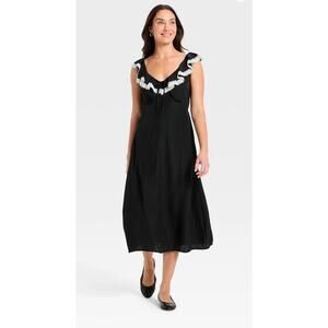 Black Satin Lace Tie-Front Western Midi Dress